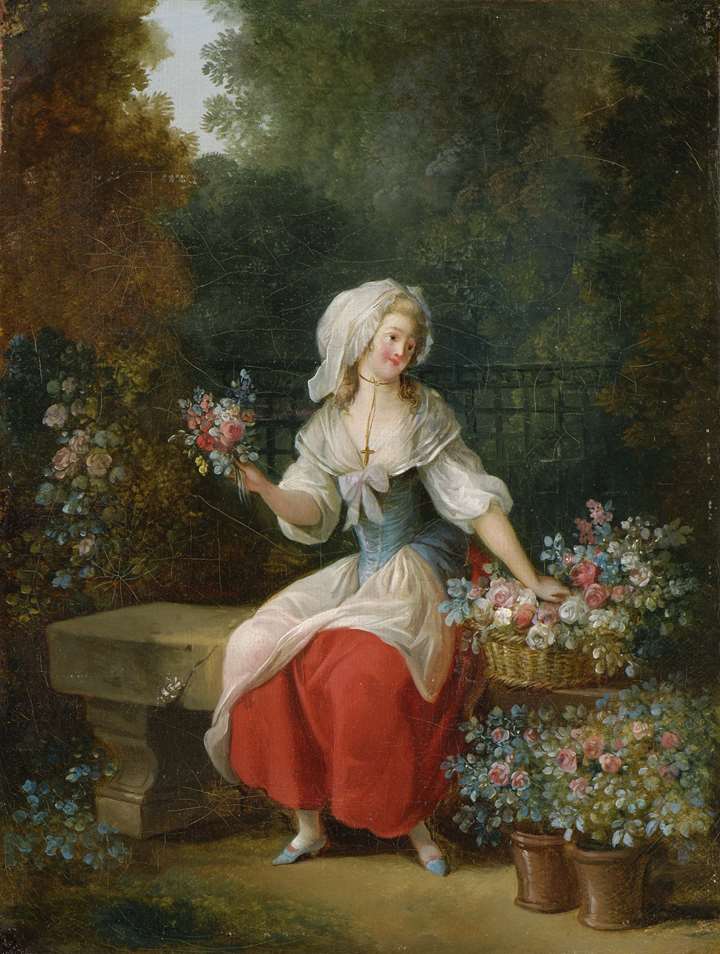 A pair of paintings with female flower-sellers
«La Marchande au fleurs au tablier rouge»
«Jolie Jardiniere au Chapeau de Paille»